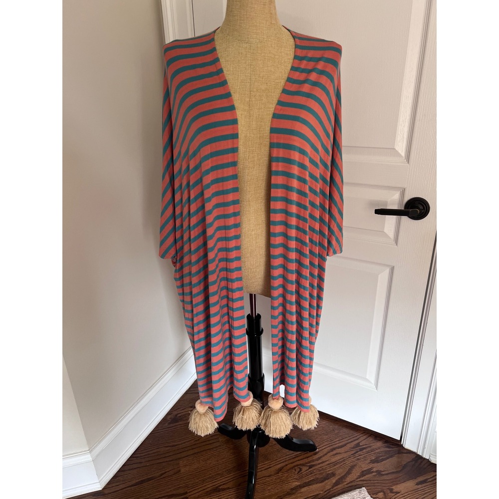 Anthropologie Kimono Wrap Kaftan Coral Teal Striped Tassel Beachy Resortwear OS